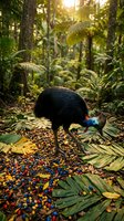 Southern cassowary bird foraging colorful berries in lush tropical rainforest with golden sunlight filtering through dense green canopy and fern undergrowth.