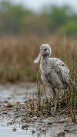 Young spoonbill chick standing in wetland marsh with fluffy gray plumage and distinctive flat bill among reeds and grass in natural habitat.