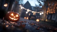 Carved jack-o-lantern pumpkin with glowing face on dark porch with string lights and autumn leaves, creating spooky Halloween atmosphere.