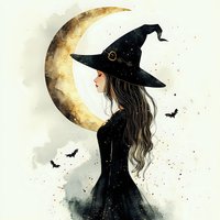 Mystical witch silhouette with long wavy hair against golden crescent moon and flying bats, watercolor style fantasy art for Halloween designs.