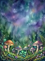 Enchanted forest floor with glowing mushrooms, ferns, and magical aurora borealis sky in purple, green, and blue tones. Whimsical woodland scene for fantasy and nature designs.