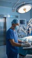Male surgeon in blue scrubs, surgical cap, and mask operating robotic surgical system in modern operating room under bright surgical light.