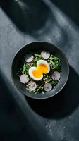 Overhead view of a dark bowl containing fresh green salad with soft-boiled egg halves, sliced radishes, and microgreens on textured gray surface with dramatic shadows for culinary and food styling projects.
