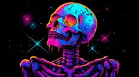 Neon colored skeleton with skull glowing in vibrant pink, blue and yellow against dark starry background, artistic gothic style illustration for modern design projects.