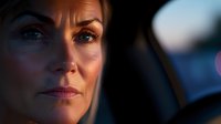 Close up portrait of mature woman with determined expression in car during golden hour sunset, dramatic lighting highlighting facial features and contemplative mood.