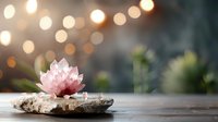 Pink lotus flower on driftwood against blurred bokeh lights background creates serene spa atmosphere, perfect for wellness and meditation concepts.