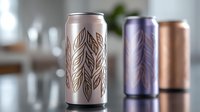 Elegant copper-colored aluminum cans with embossed botanical leaf patterns arranged on reflective surface in modern kitchen setting for beverage branding.