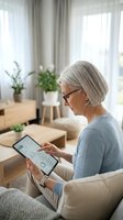 Senior Caucasian woman with gray hair and glasses using tablet computer at home, sitting on sofa in bright modern living room with plants and natural light.