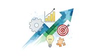 Business growth strategy concept with upward arrow, target, lightbulb, gears, chart and puzzle piece on white background for presentations and marketing.