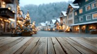 Wooden deck overlooking festive winter village with illuminated Christmas trees and alpine-style buildings in snowy mountain setting.