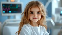 Young girl with blonde wavy hair wearing white medical gown smiles warmly in hospital room with monitoring equipment in background. Healthcare and pediatric care concept.