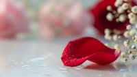 Single red rose petal with water droplets on white surface with blurred festive decorations and pearls in soft romantic background for Valentine's Day.