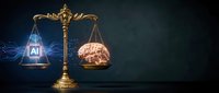 Golden scales of justice balancing glowing AI technology symbol against human brain on dark background representing artificial intelligence ethics debate.