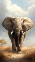 Majestic African elephant walking through golden savanna grassland under dramatic cloudy sky in natural wildlife habitat for conservation awareness campaigns.
