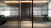Modern elevator with closed metallic doors in luxury office building lobby, soft lighting and reflective floor creates minimalist corporate atmosphere.