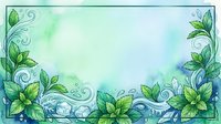 Watercolor floral frame with green leaves and swirling ornamental borders on soft mint background, suitable for invitations and design projects.
