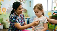 Hispanic female pediatric nurse in colorful scrubs examining young blonde girl patient with stethoscope in cheerful medical office with toys and educational posters.