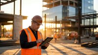 Middle-aged Caucasian construction foreman in safety vest using tablet at building site during golden hour sunset for project management and planning.
