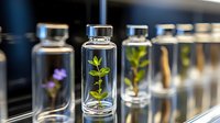 Green plant seedling growing in glass bottle with water, scientific laboratory research concept for biotechnology and botanical studies in modern lab setting.