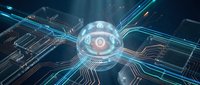 Futuristic digital sphere with glowing circuits and data streams representing artificial intelligence, cybersecurity, and network technology for tech innovation concepts.