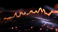 Glowing orange financial chart line with digital particle wave grid on dark background, modern data visualization for market analysis and trading concept.