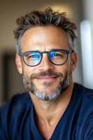 Mature Caucasian male with gray hair and beard wearing glasses smiles warmly at camera. Professional headshot showing confidence and approachability in casual business setting.