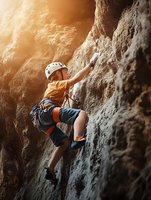 Young Caucasian boy in safety gear climbing natural rock wall outdoors, sunlight creating warm atmospheric glow. Adventure sports and active lifestyle concept.