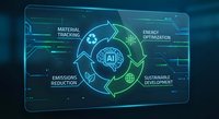 AI-powered circular economy dashboard with recycling arrows, sustainability metrics and holographic interface for environmental technology solutions.