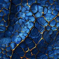 Abstract blue cracked surface with glowing golden lines creating cellular pattern, dramatic lighting effect adds depth and dimension to fractured segments.
