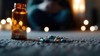 Amber medicine bottle with colorful pills scattered on textured surface with warm bokeh lights creating pharmaceutical healthcare concept for medical treatments.