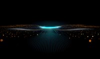 Futuristic light rays emerging from horizon with glowing blue energy burst and particle effects against dark background, creating dramatic sci-fi atmosphere.