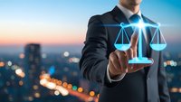 Professional businessman touching glowing digital justice scales hologram against city skyline at dusk representing legal technology and law firm services.