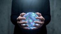 Businessman holding glowing holographic sphere with hands in protective gesture representing innovation, technology, future vision and digital transformation concepts.