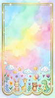 Pastel watercolor baby shower card with cute animals, rainbow sky, gold frame, clouds, stars, and flowers for nursery or party design.