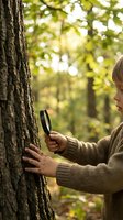 Young boy exploring nature with magnifying glass examining tree bark in sunny forest during outdoor education adventure.