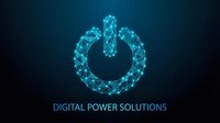 Glowing blue polygonal power button symbol with connected network lines on dark background for technology and digital solutions branding.