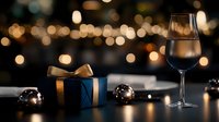 Elegant wine glass and gift box with golden ribbon on dark surface with warm bokeh lights creating festive holiday atmosphere for celebrations.