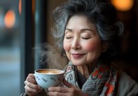 Senior Asian woman with gray hair enjoying aromatic coffee moment in cafe, eyes closed with peaceful smile, holding white cup with latte art in warm ambient lighting.