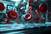 Red blood cells floating in medical laboratory environment with dramatic lighting and depth of field effect, scientific research concept for hematology studies.