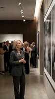 Elegant senior Caucasian woman holding champagne glass, viewing art at upscale gallery opening event with guests mingling in background.