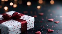 White gift box with sparkly red ribbon and scattered heart confetti on dark background with bokeh lights creates romantic holiday atmosphere.