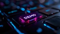 Glowing demo key on black keyboard with neon pink and blue lighting effects creates futuristic gaming or technology atmosphere. Close up macro shot shows dramatic illumination.