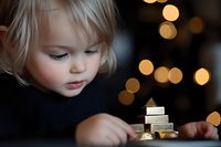 Young child in black sweater gazing at small golden pyramid decoration against dark background with soft bokeh lights creating magical holiday atmosphere.