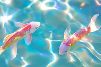 Pink and white koi fish swimming in crystal clear turquoise water with rippling light effects and sun reflections creating dreamy aquatic atmosphere.