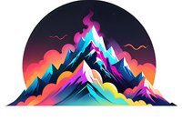 Vibrant mountain landscape with colorful gradient peaks against sunset sky, featuring neon blue and purple flames atop snow-capped summits amid orange and pink clouds.