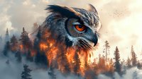 Dramatic double exposure of owl head merged with burning forest landscape at sunset, combining wildlife and environmental themes in artistic composition.