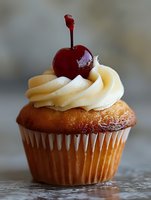 Golden vanilla cupcake topped with swirled cream frosting and glossy red maraschino cherry for bakery dessert menu and sweet treat advertising.