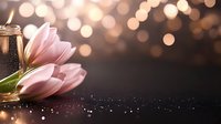 Pink tulip flowers with champagne glass against dark background with golden bokeh lights creating romantic festive atmosphere for celebration or holiday.