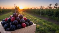 Fresh blackberries in wooden crate at sunrise vineyard with golden sunlight streaming through grape vines creating warm agricultural harvest scene.