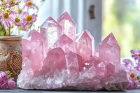 Pink rose quartz crystal cluster formation with multiple points and natural formations displayed near window with pink flowers, creating serene healing atmosphere.